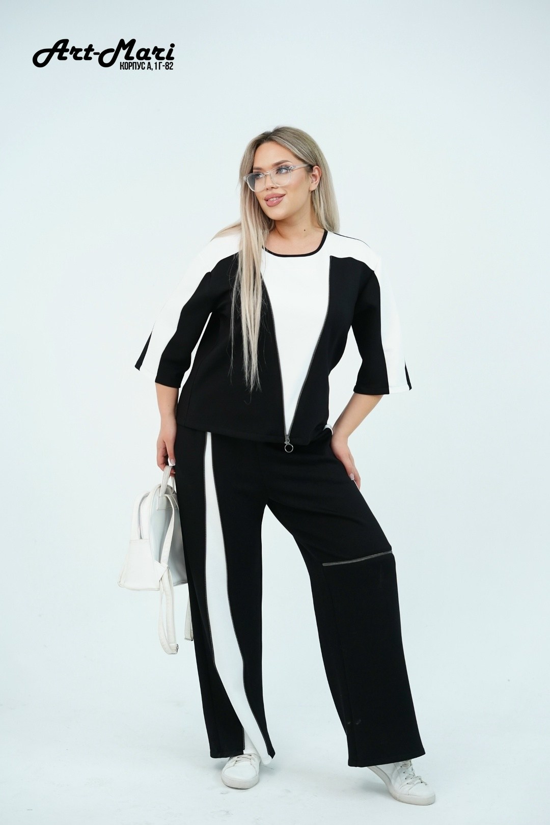 брючный костюм andina 972 черный/белый двойка,костюм женский брючный,черный брючный костюм с туникой и контрастными вставками,брючный костюм andina арт: 972 черный/белый,черный брючный костюм с тунико