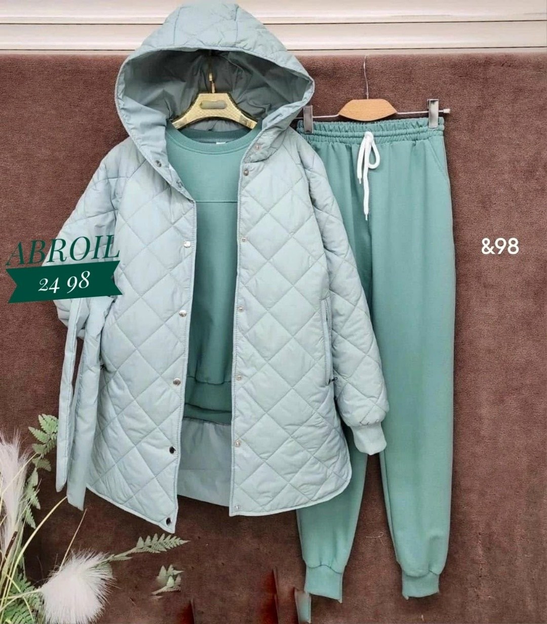 костюм спортивный тройка с длинным стеганым пальто cubi shop,костюм женский на флисе,костюм тройка с курткой,костюм женский тройка,куртка-жатка