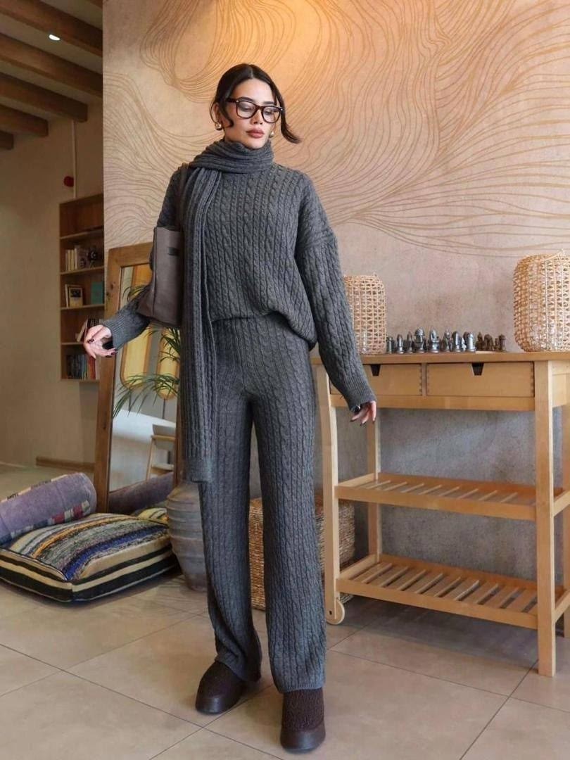 вязаный костюм,вязанный костюм,кашемировый костюм с капюшоном,вязаный костюм женский,теплый вязаный костюм