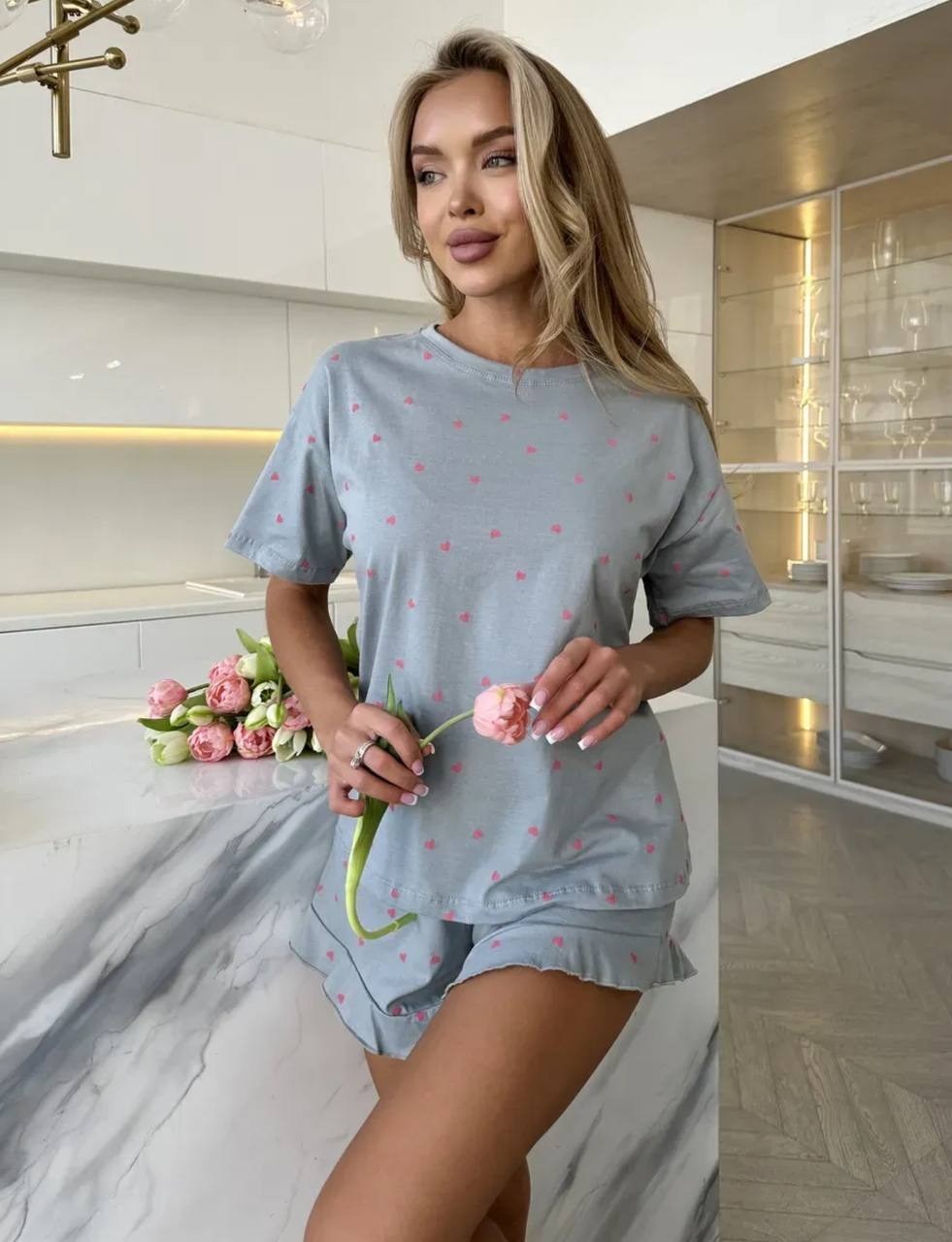 женская пижама с шортами,пижама с сердечками с шортами и топом костюм летний для дома umood 218997300,женская пижама,пижама с шортами домашняя одежда,комплект пижама