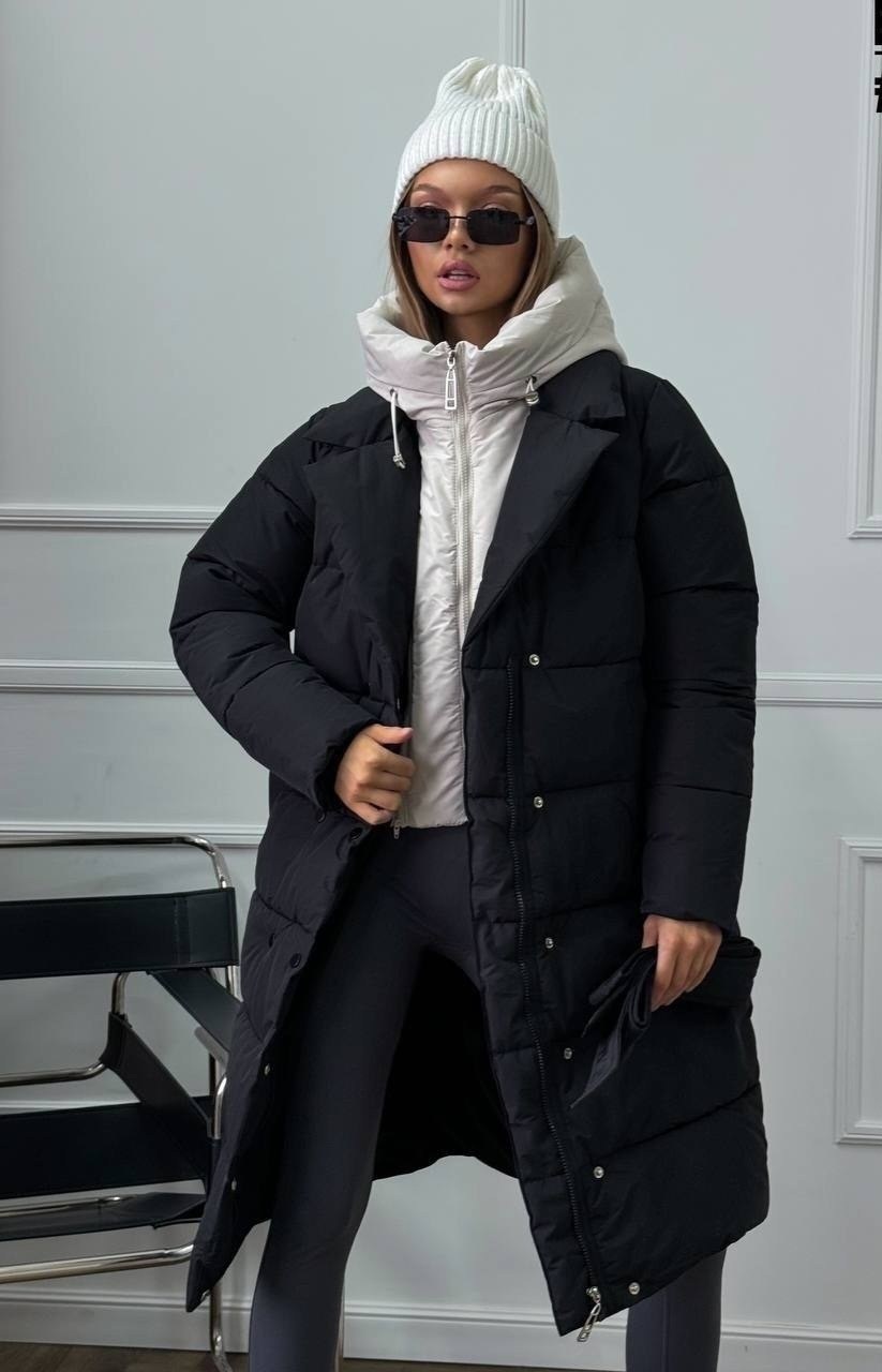 куртка женская,демисезонная куртка,куртка зимняя женская длинная,куртка зимняя женская с капюшоном удлиненная стеганная черного цвета,пуховик зимний длинный с капюшоном оверсайз black&bat
