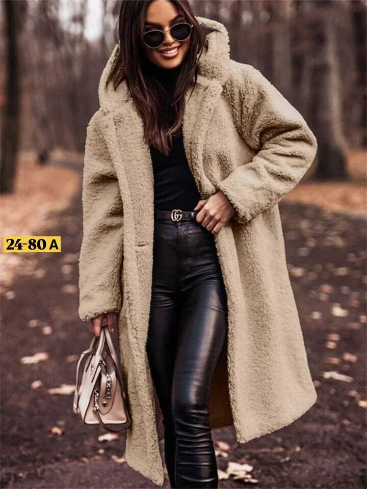 теплое пальто,плюшевое пальто,пальто средней длины,шерстяное пальто,женское длинное осенне-зимнее однотонное шерстяное пальто