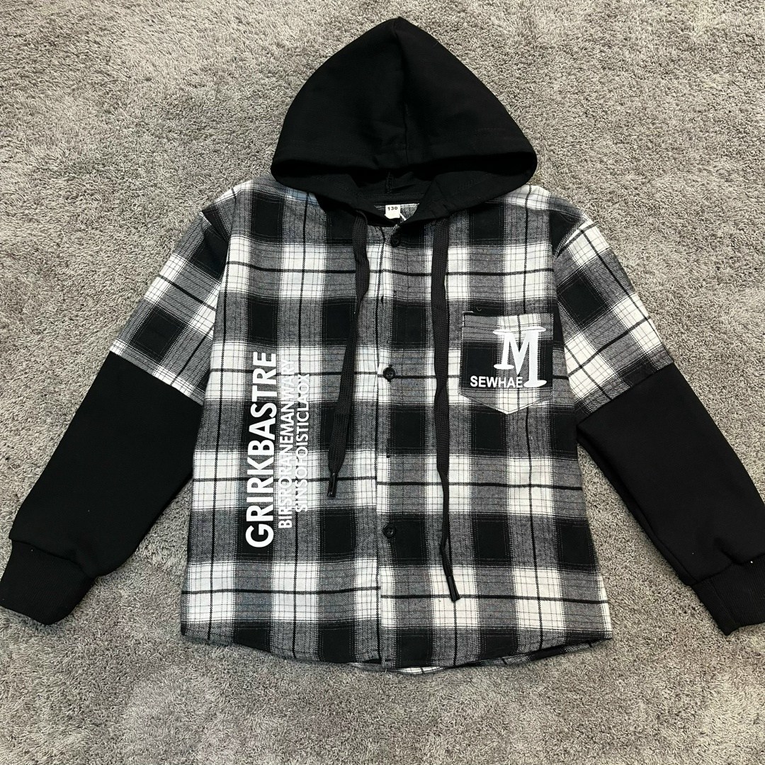 рубашка клетчатая комбинированная с капюшоном,рубашка клетчатая комбинированная с капюшоном kid's love,рубашка с капюшоном,рубашка в клетку с капюшоном для подростков 140 см,рубашка в клетку с капюшон