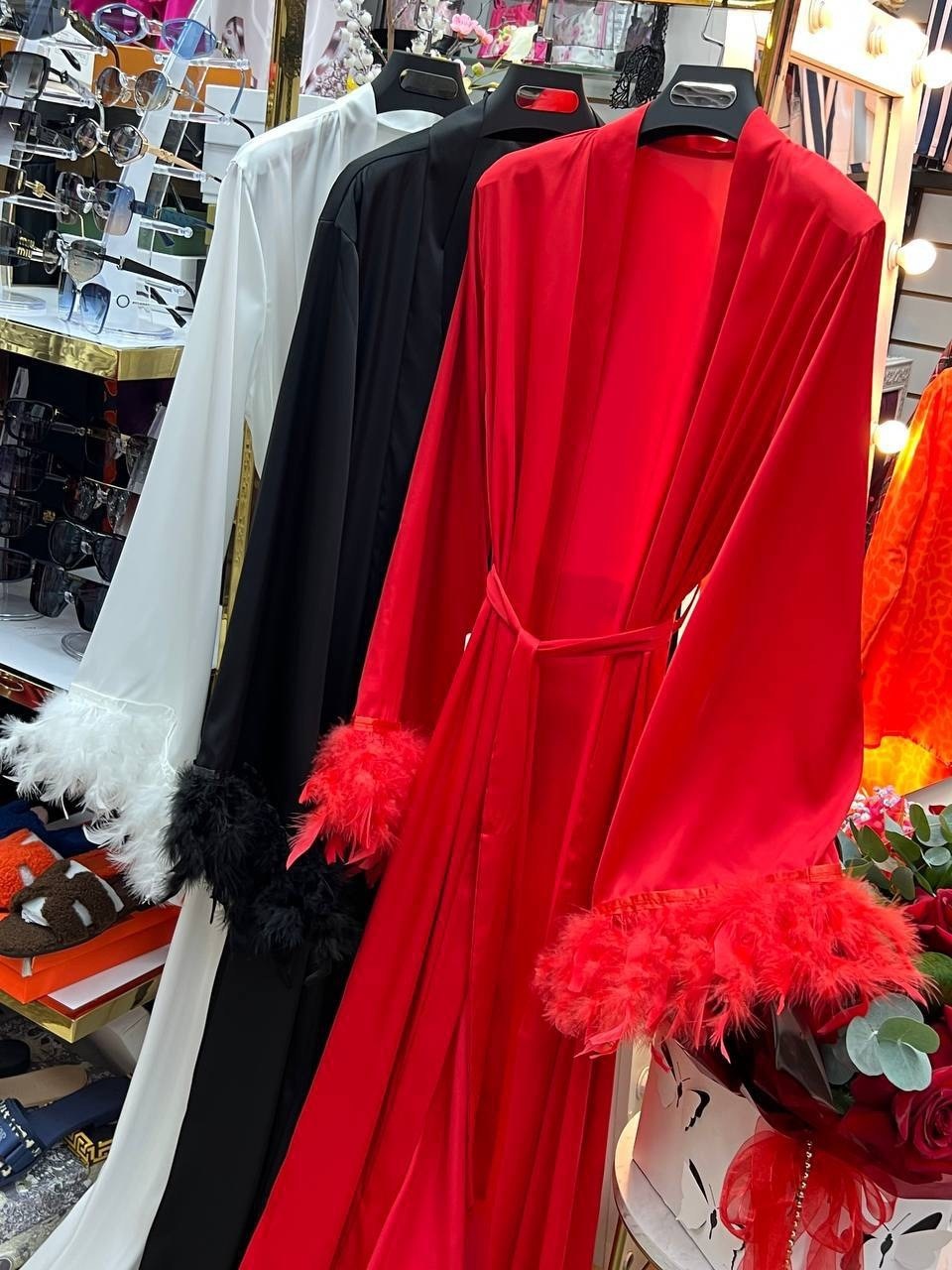 халат с перьями,шелковый халат,халат,женский халат