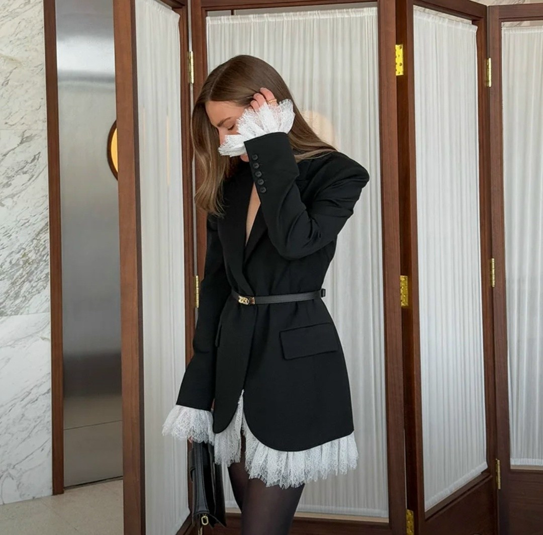 элегантный кружевной пиджак с лацканами для женщин,черные полиэстеровые пиджаки,женский пиджак fdyoui черный,жакет деловой