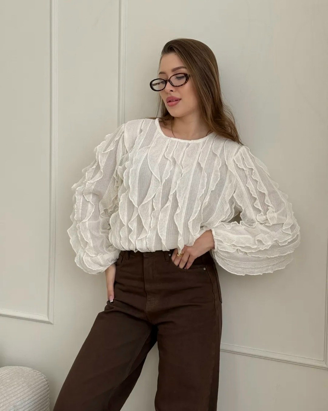 блузка с оборками,блузка mislana 1192 шампань,блуза mislana 1192 шампань,блузка с рюшами,белая блузка с длинными рукавами шифоновая блузка с рюшами для женщин