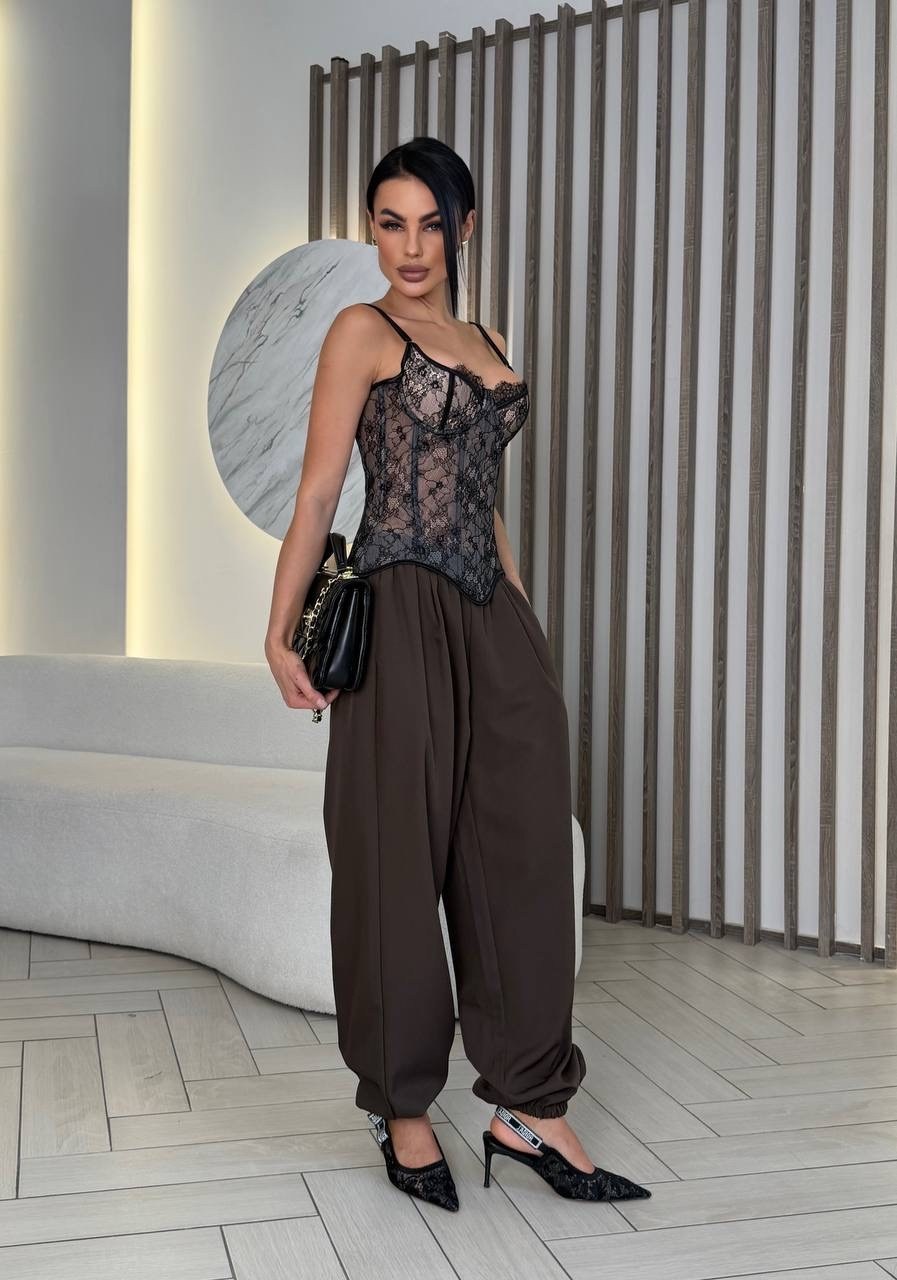 корсет мода,брюки шелковые,широкие брюки,модные наряды