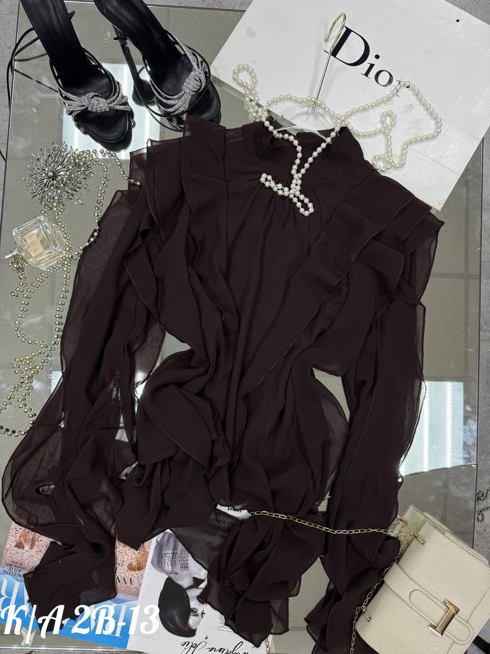 блузка нарядная из шифона с рюшами и воланами nermilova,блузка праздничная из шифона с воланами,блуза нарядная шифоновая с розой рюшами emberens,блузка празничная нарядная из шифона с рюшами и воланам