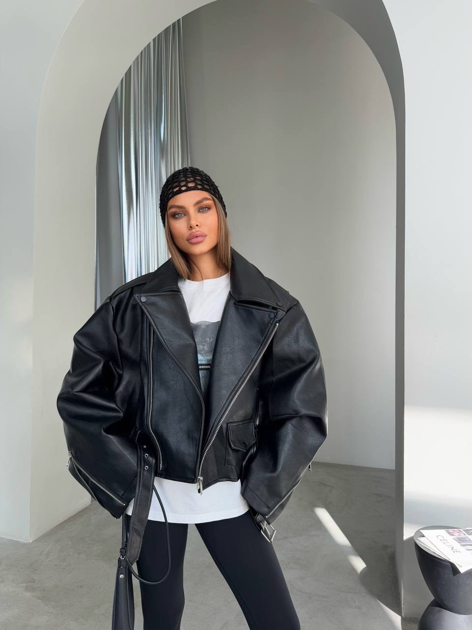 куртка косуха h&f b женская оверсайз арт: 28918766,куртка косуха,кожаная куртка,кожаная куртка оверсайз,женская кожаная куртка косуха оверсайз