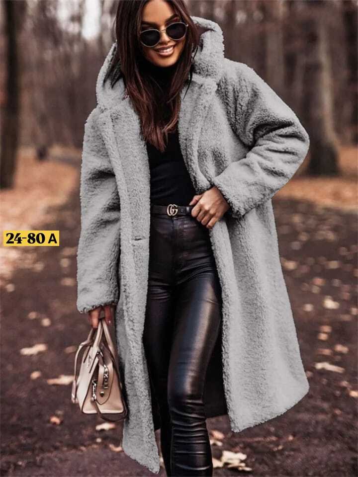 теплое пальто,плюшевое пальто,пальто средней длины,шерстяное пальто,женское длинное осенне-зимнее однотонное шерстяное пальто