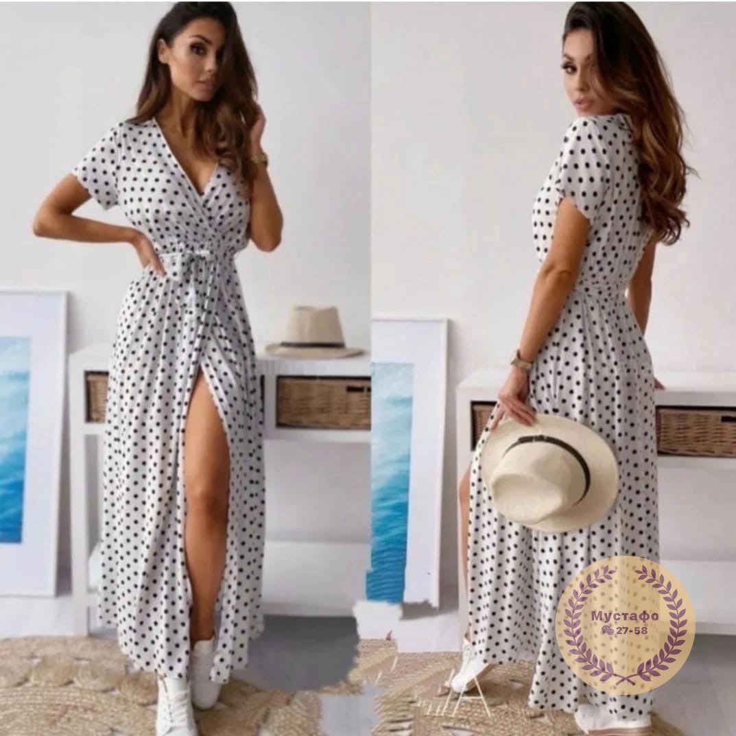 длинное платье в горошек,женское пляжное платье полиэстер горошек,летнее платье женское,женское платье в горошек,платье с запахом на бретельках