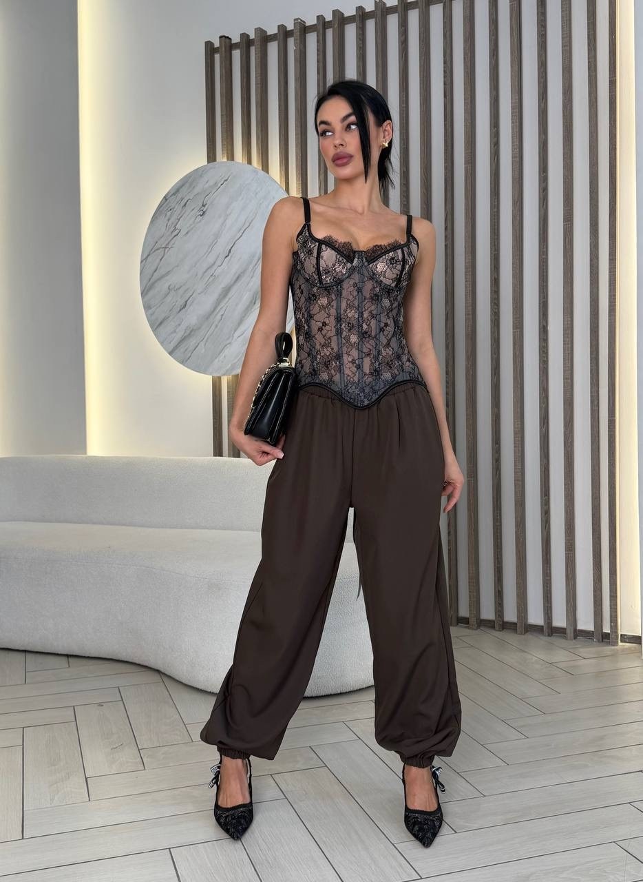 корсет мода,брюки шелковые,широкие брюки,модные наряды