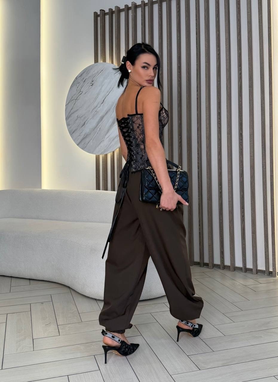 корсет мода,брюки шелковые,широкие брюки,модные наряды