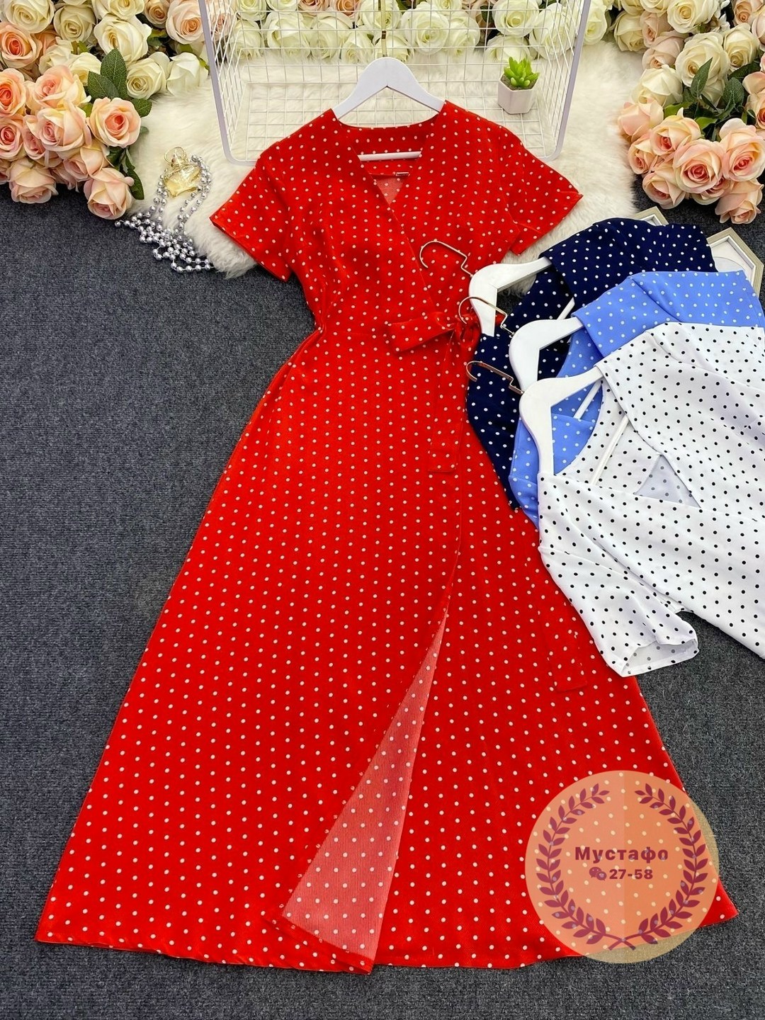 длинное платье в горошек,женское пляжное платье полиэстер горошек,летнее платье женское,женское платье в горошек,платье с запахом на бретельках