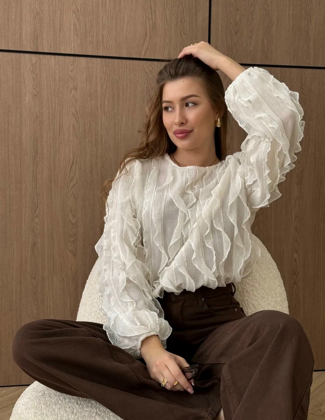 блузка с оборками,блузка mislana 1192 шампань,блуза mislana 1192 шампань,блузка с рюшами,белая блузка с длинными рукавами шифоновая блузка с рюшами для женщин