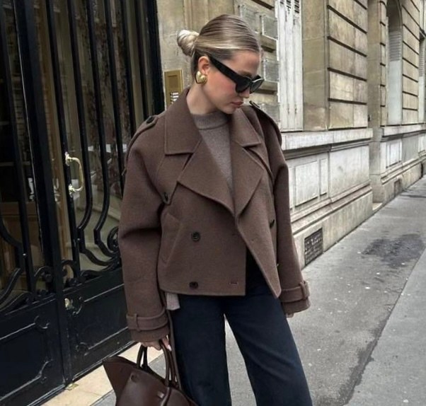 элегантные пальто,шерстяное пальто chloé,женское шерстяное пальто с отложным воротником,пальто шоколадного цвета