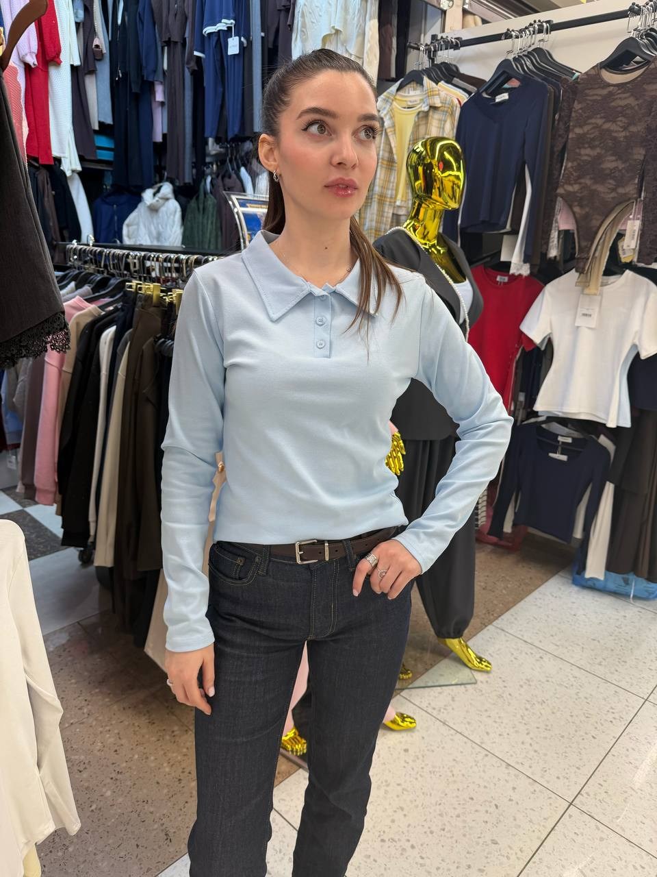 кофта голубая,трикотажная кофта,поло кофта женская,женский джемпер поло,женская кофта