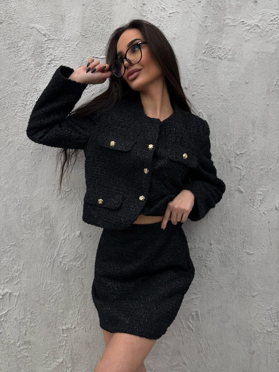 твидовый костюм с юбкой шанель o.balashova,костюм твидовый пиджак укорочённый и юбка мини,твидовый костюм юбка и укороченный жакет,костюм двойка укороченный пиджак с юбкой деловой твидовый moda xxi,тв