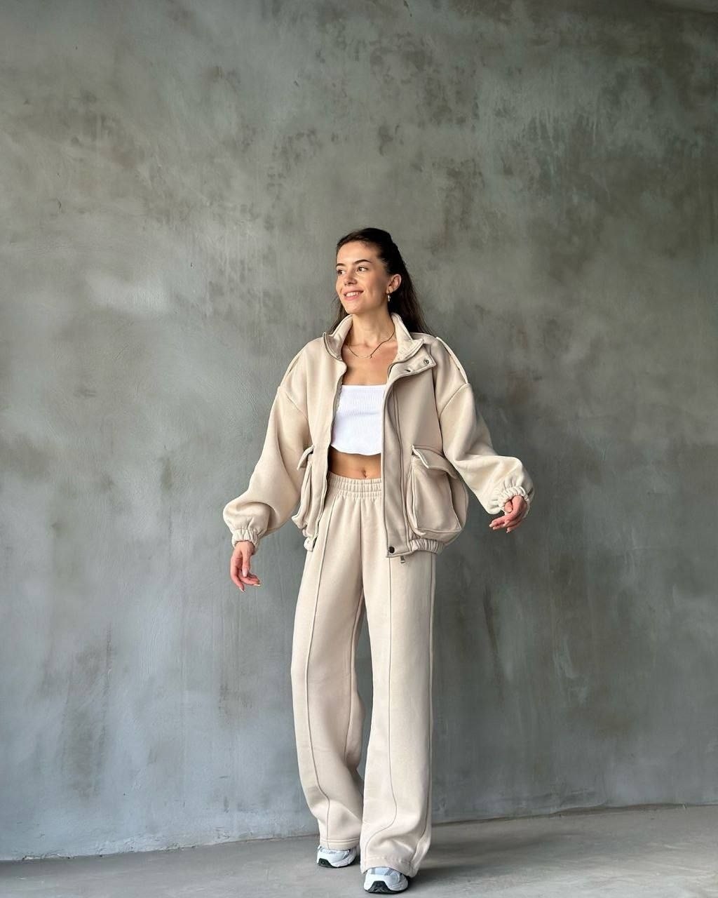 повседневный костюм,костюм женский на флисе с бомбером,женский костюм,брючный костюм,костюм трехнитка в стиле zara бомбер + штаны палаццо с лентой