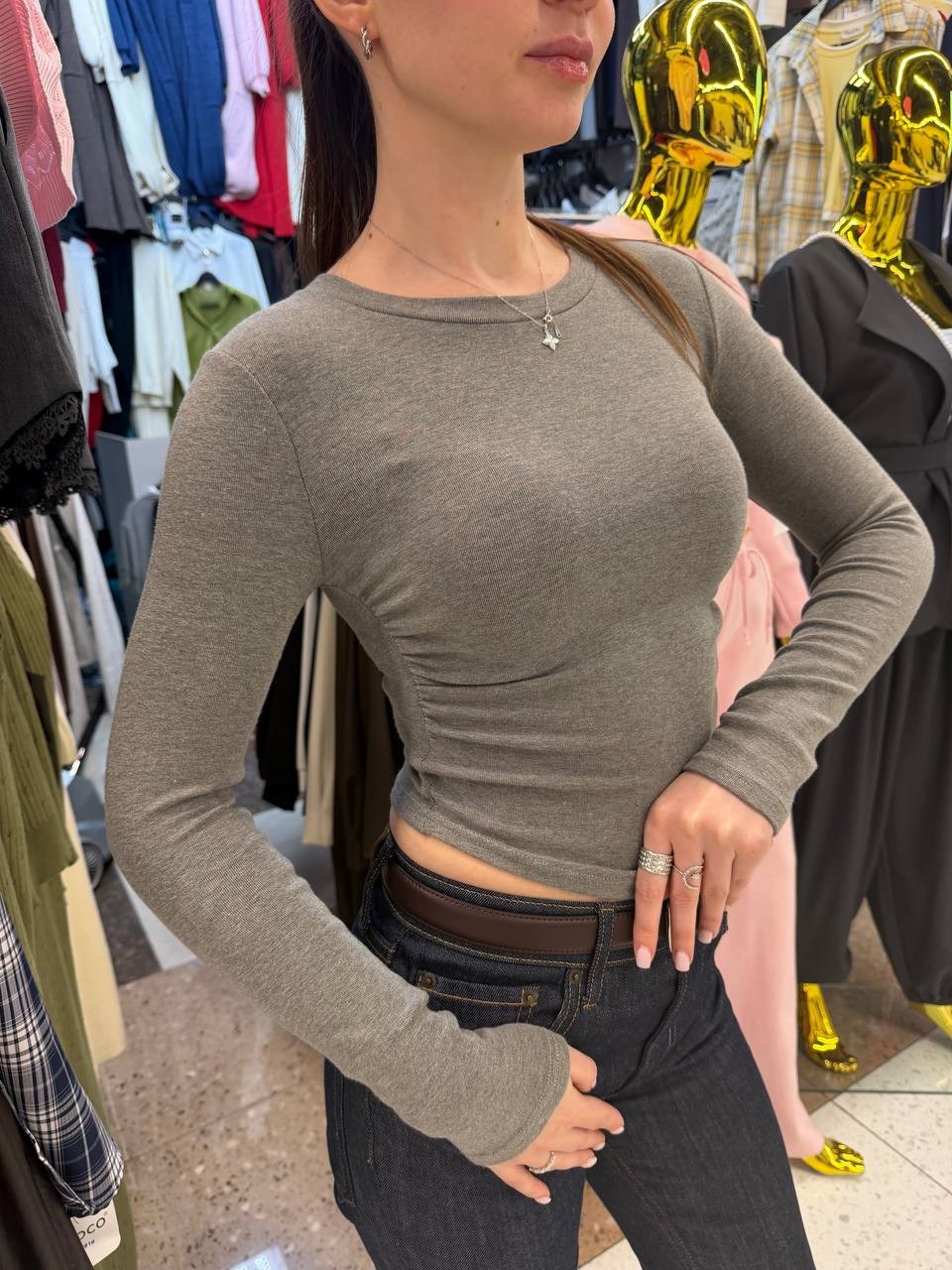 женская кофта,женский трикотажный лонгслив,лонгслив женские,серый лонгслив