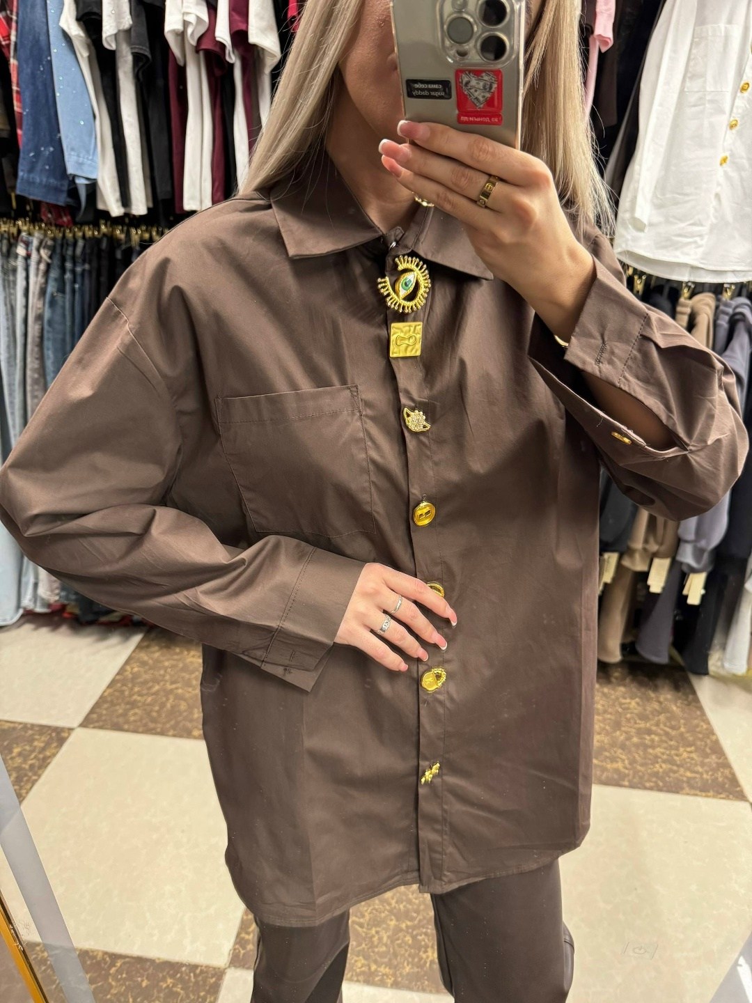 рубашка женская minaku: casual collection цвет шоколадный р-р 50,рубашка женская,рубашка женская minaku casual collection шоколадная,рубашка,рубашка shushop