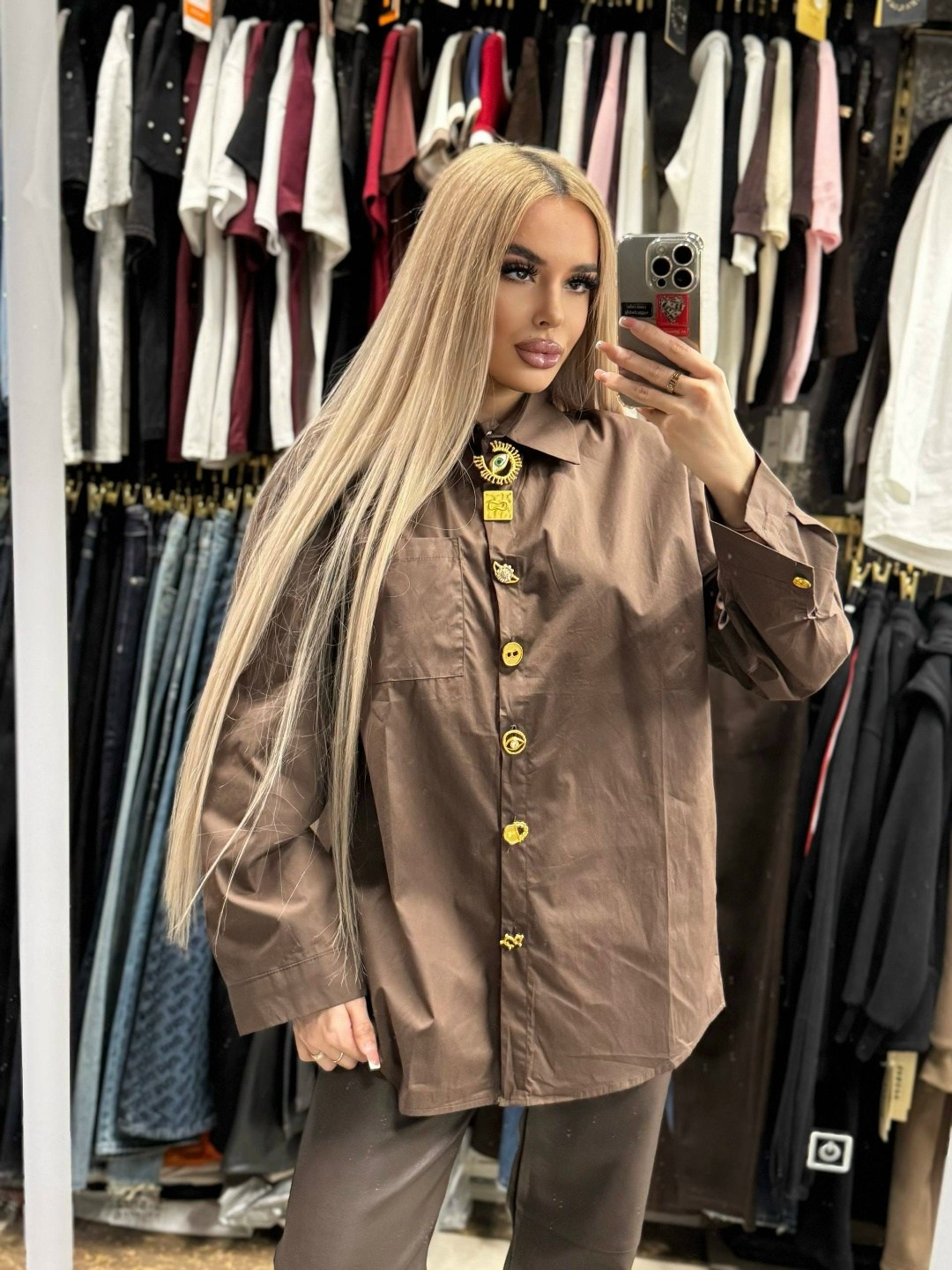 рубашка женская minaku: casual collection цвет шоколадный р-р 50,рубашка женская,рубашка женская minaku casual collection шоколадная,рубашка,рубашка shushop