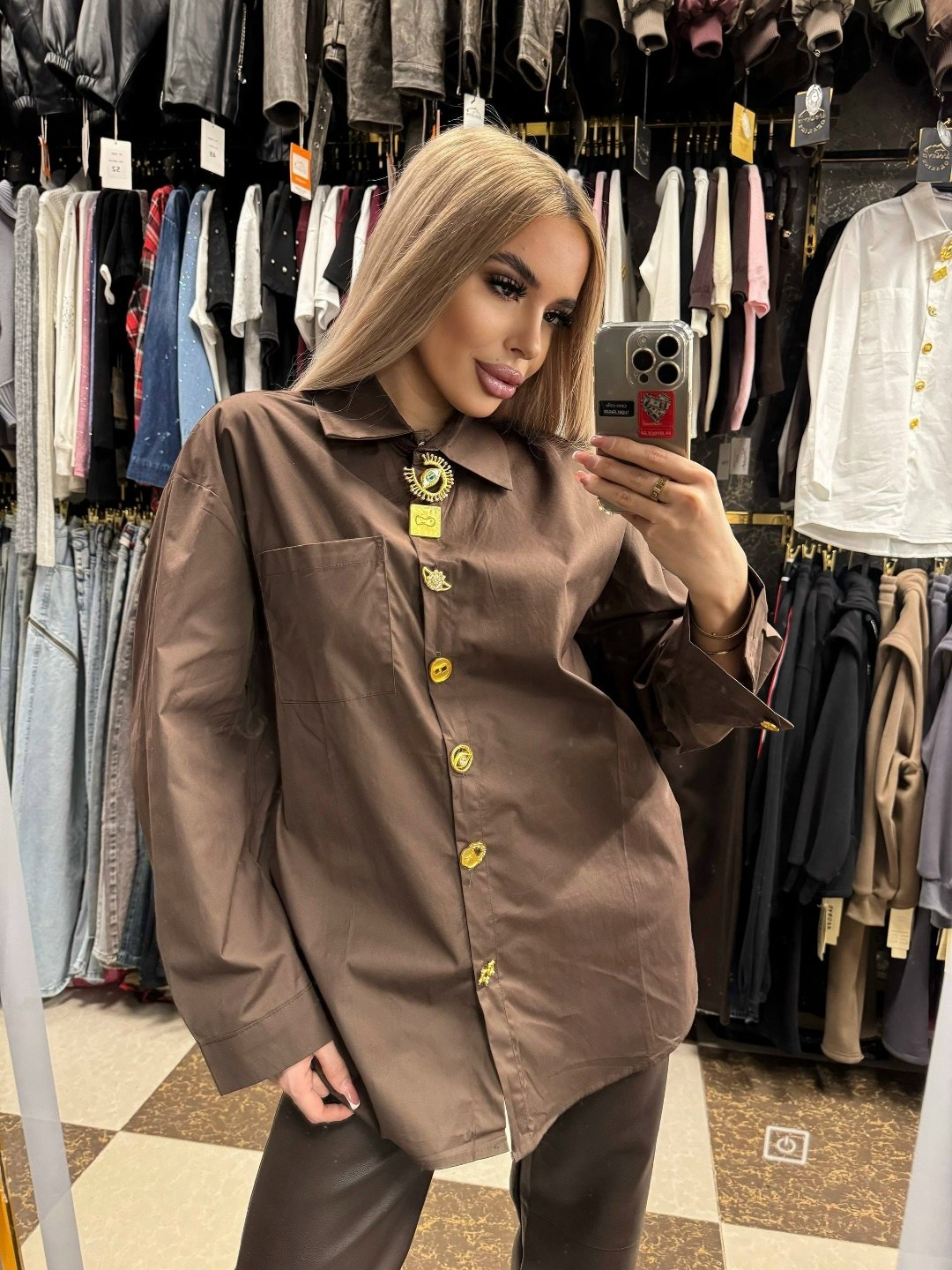 рубашка женская minaku: casual collection цвет шоколадный р-р 50,рубашка женская,рубашка женская minaku casual collection шоколадная,рубашка,рубашка shushop