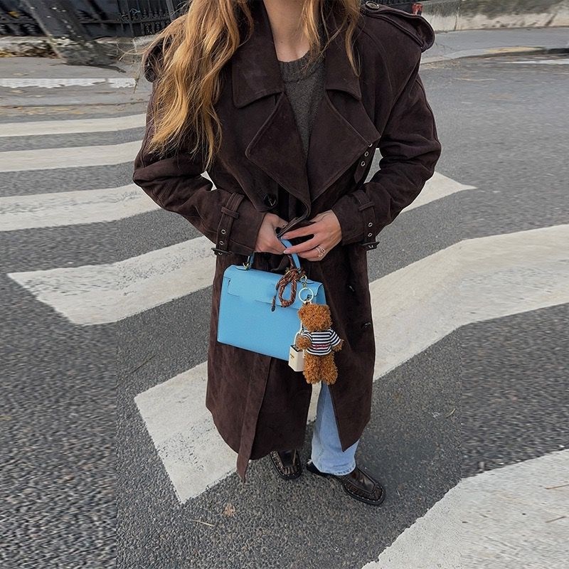 тренч замшевый длинный tinaria,плащ тренч,плащ замшевый оверсайз длинный тренч кэжуал,модный плащ,тренч из натуральной замши горький шоколад