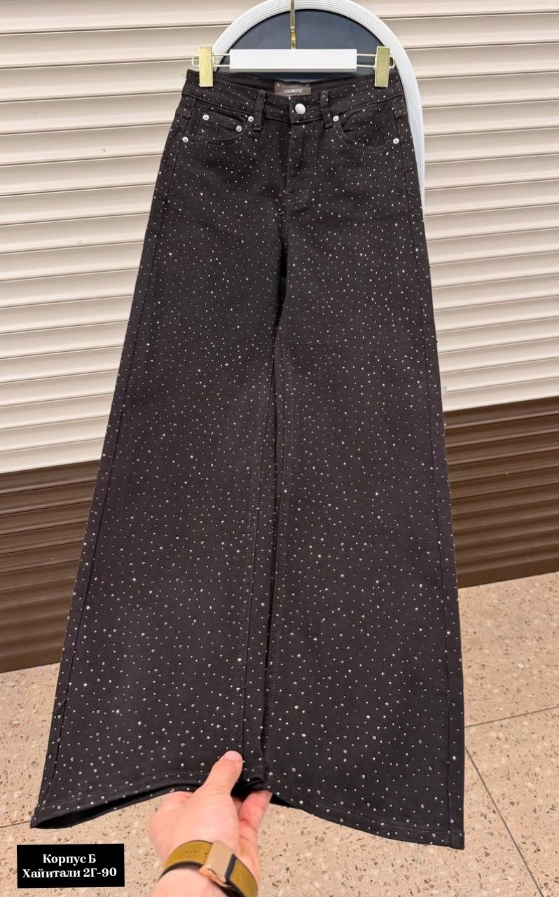 джинсы со стразами,женские джинсы со стразами,джинсы широкие со стразами,джинсы палаццо со стразами,джинсы со стразами в золла