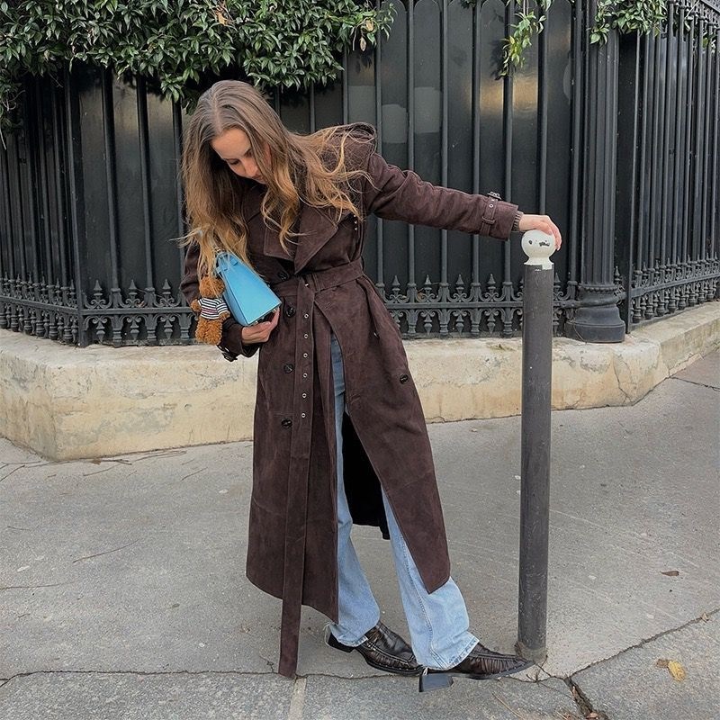 тренч замшевый длинный tinaria,плащ тренч,плащ замшевый оверсайз длинный тренч кэжуал,модный плащ,тренч из натуральной замши горький шоколад