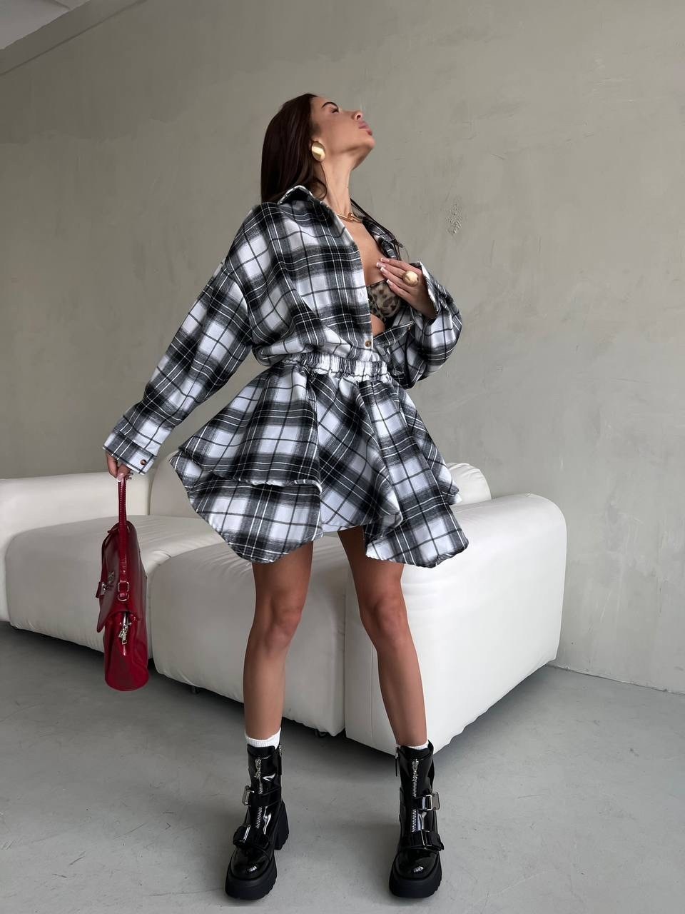 костюм с юбкой и рубашкой,костюм в клетку,костюм в клетку рубашка оверсайз и юбка,рубашка с юбкой,костюм двойка с юбкой и рубашкой повседневный