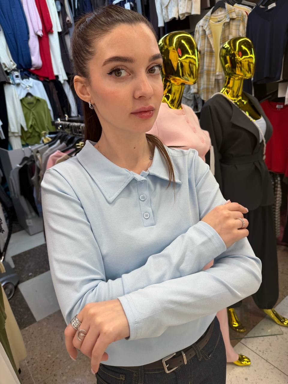 кофта голубая,трикотажная кофта,поло кофта женская,женский джемпер поло,женская кофта