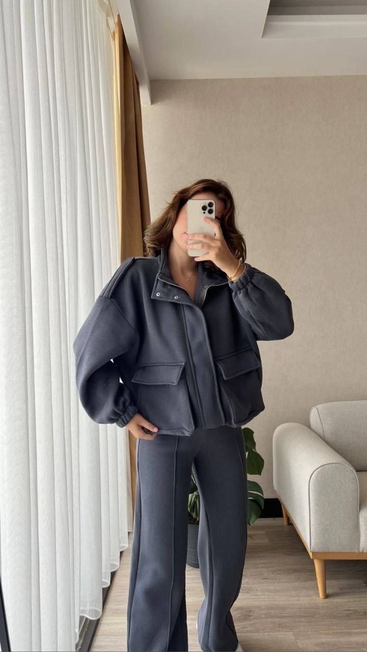 повседневный костюм,костюм женский на флисе с бомбером,женский костюм,брючный костюм,костюм трехнитка в стиле zara бомбер + штаны палаццо с лентой