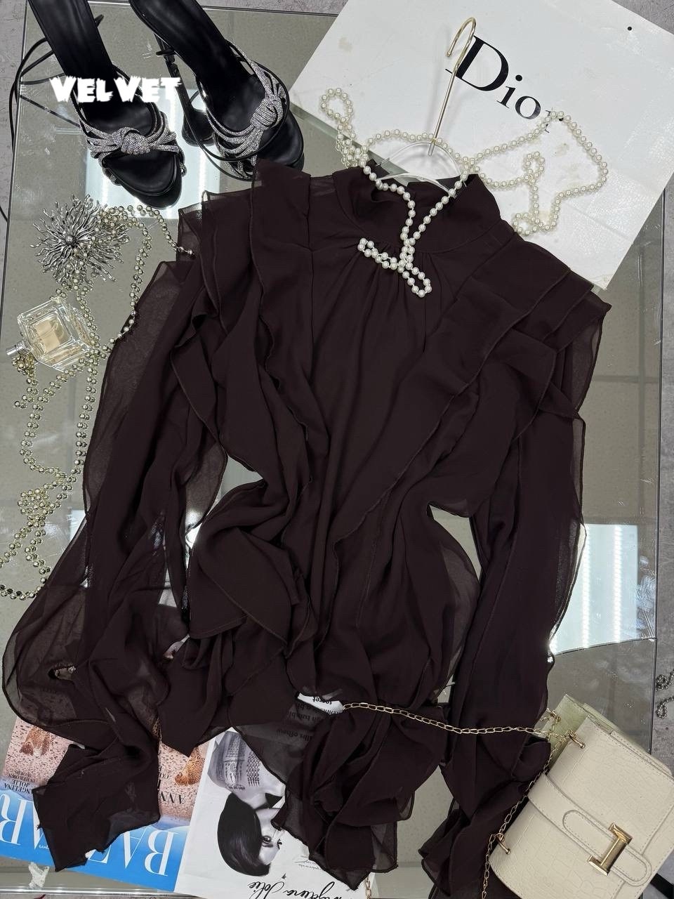 блузка шифоновая на завязках с воланами,блузка нарядная с воланами цвет коричневый,блузка шифоновая на завязках с воланами коричневый,шифоновая блузка,блузка нарядная с воланами