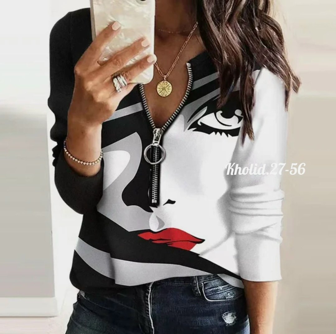 женская блузка на молнии с длинным рукавом и цифровым принтом,кофта женская,женская блузка модная повседневная рубашка на молнии с длинным рукавом и цифровым принтом,блузка женская,рубашка блузка женс