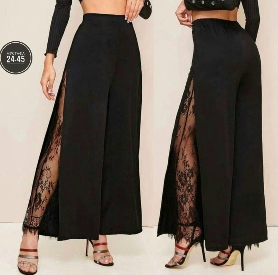 брюки с кружевом,кружевные брюки,черные широкие брюки с кружевом,брюки стильные,clasi модные брюки-клеш больших размеров с кружевом shein черный