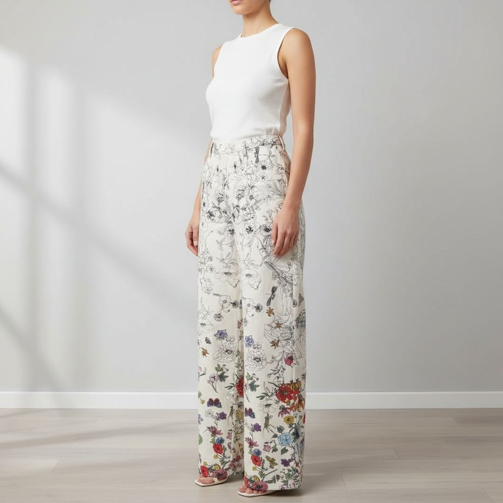 пижама с брюками кремовая с цветочным принтом,брюки с цветочным принтом,женские широкие брюки,брюки с принтом,шелковые брюки