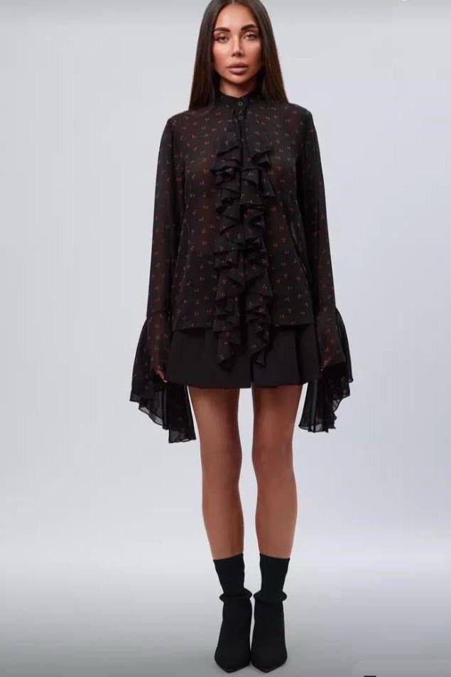 шифоновая рубашка с рюшами,блузка с оборками,нарядная блузка с воланами и рюшами рубашка удлиненная,шифоновая блузка с воланами и рюшами в стиле бохо,шифоновая рубашка с рюшами в стиле бохо