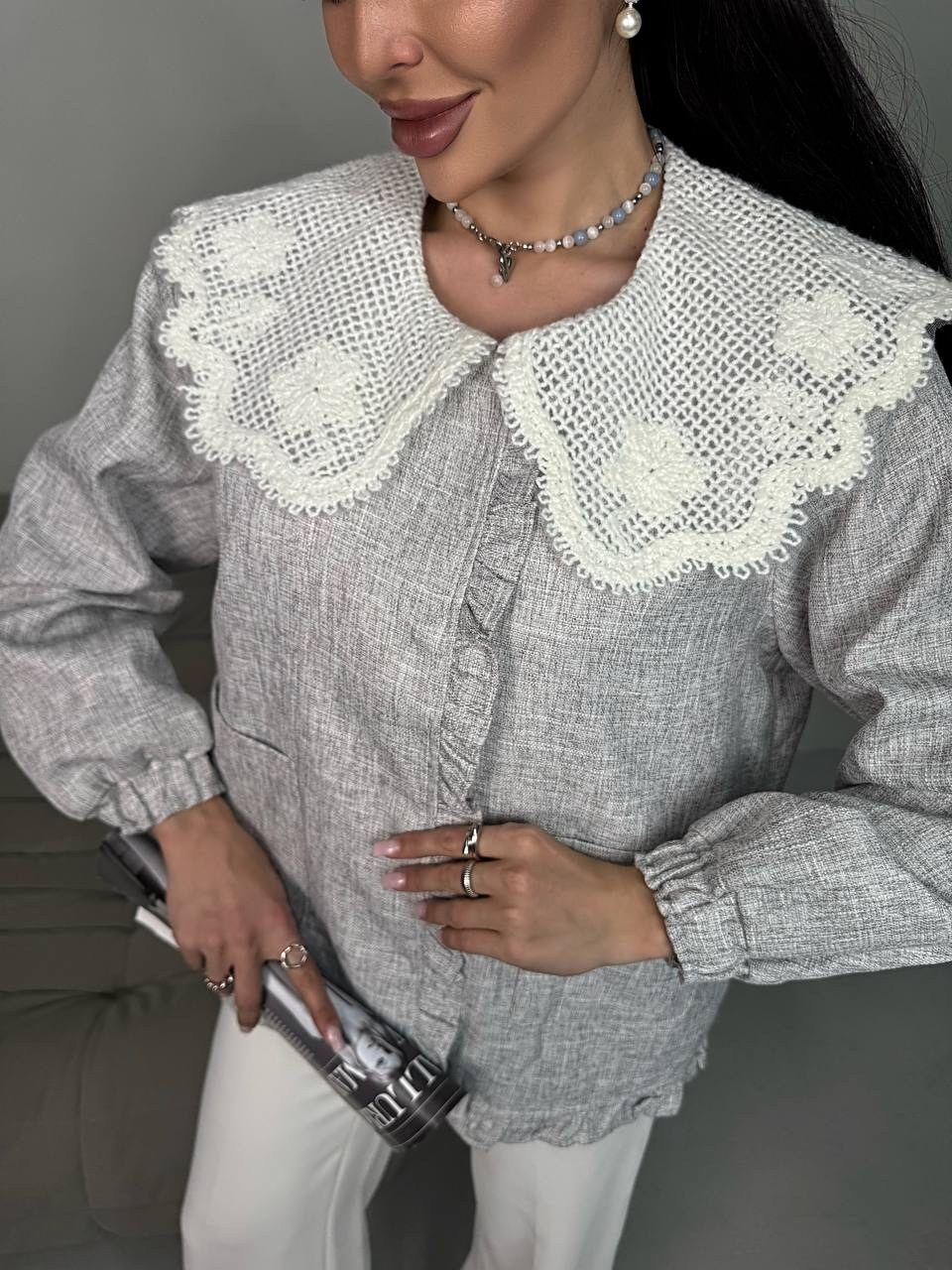 блузка стильная,женская кофта,трикотажная кофта с кружевом,воротник,блузки женские