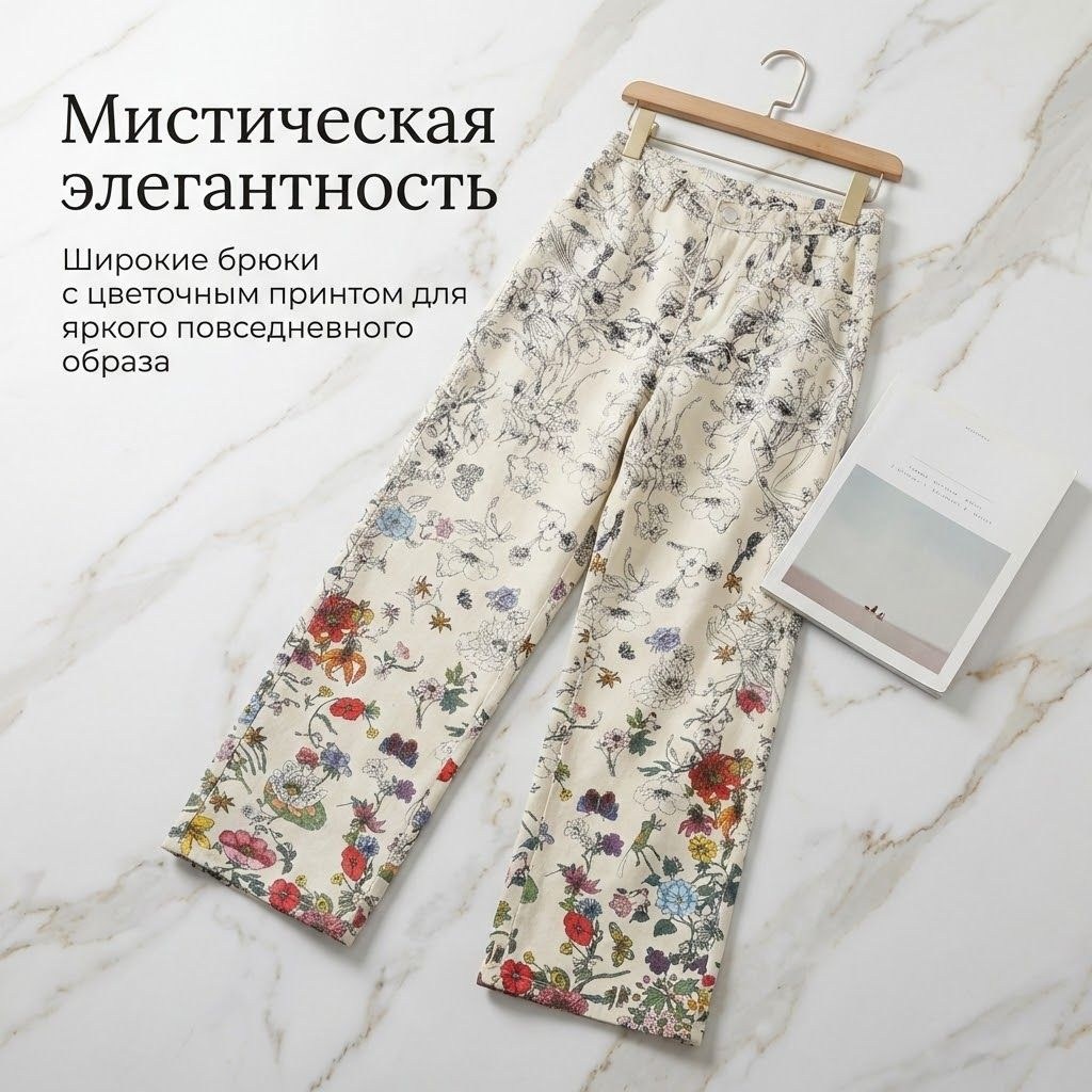 пижама с брюками кремовая с цветочным принтом,брюки с цветочным принтом,женские широкие брюки,брюки с принтом,шелковые брюки