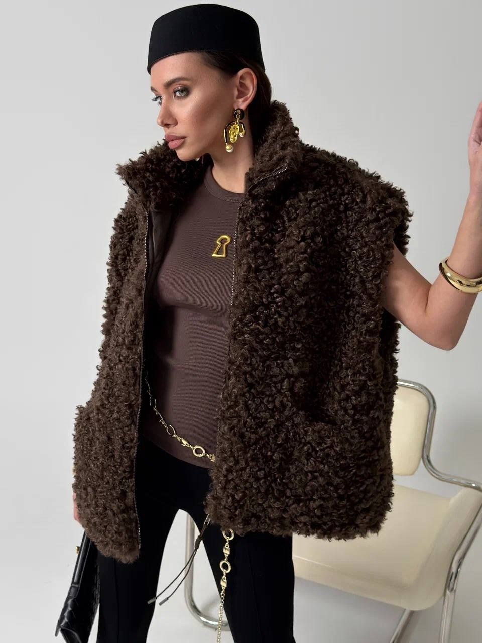 меховая жилет,женский меховой жилет,укороченная шуба из искусственной овчины savage,демисезонная одежда,модные одежды