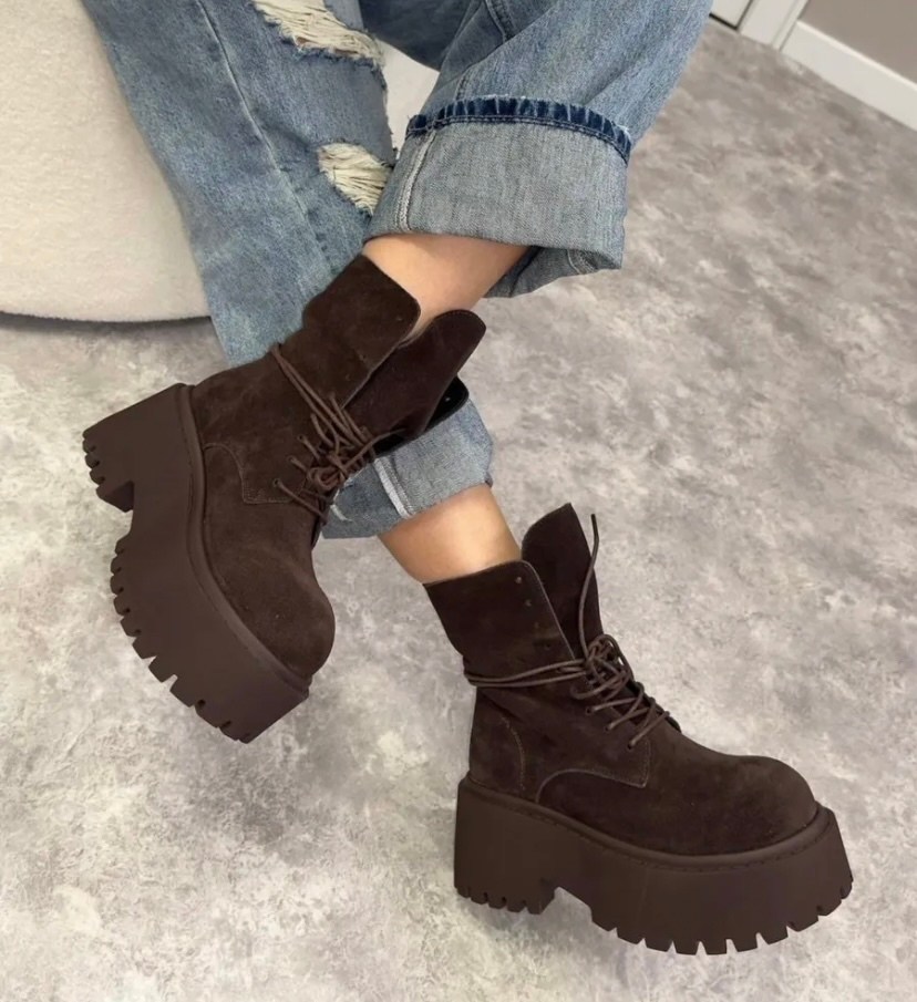 ,женские ботинки,замшевые ботинки женские,зимние женские ботильоны на платформе и каблуке кофейный,ботинки