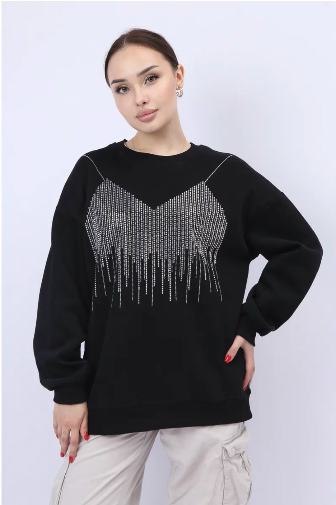 свитшот со стразами,свитшот женский,свитшот,свитшот оверсайз со стразами,свитшот женский черный