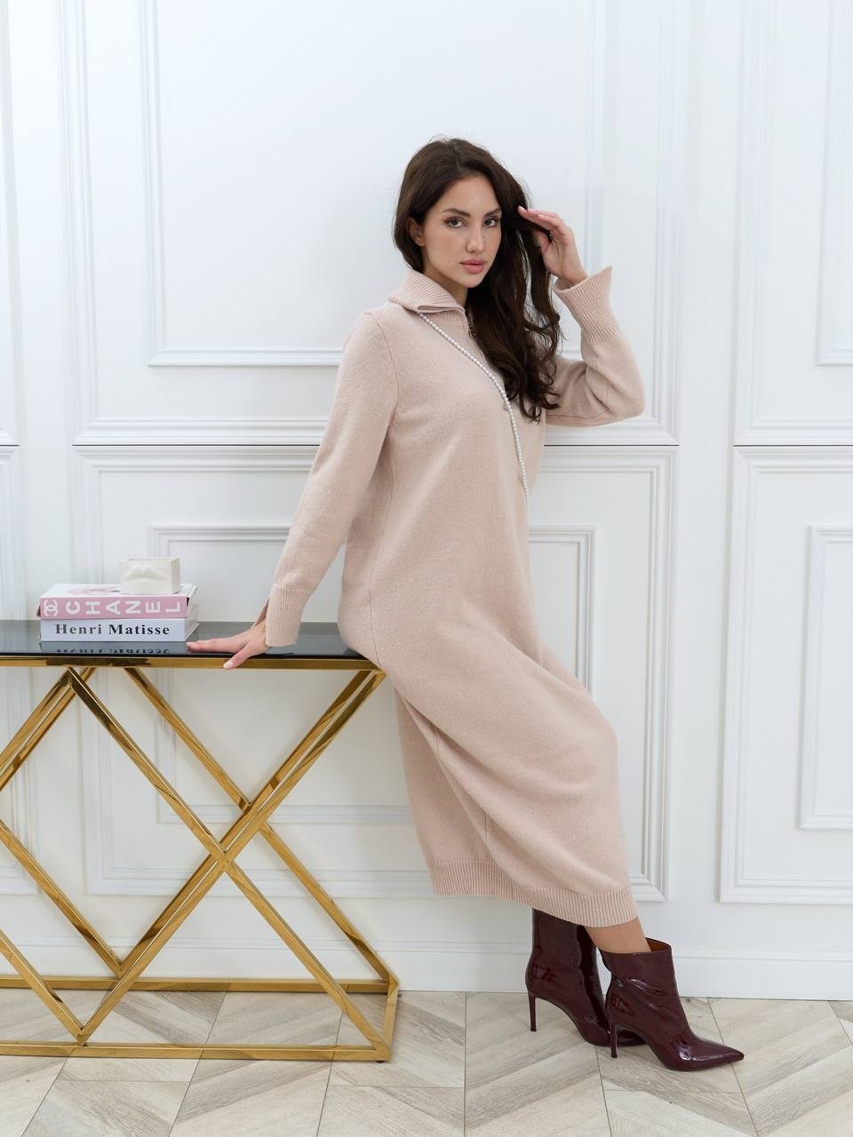 вязаное платье,платье krasa 286-21 бежево-шоколадный,платье теплое,теплое вязаное платье,платье женская