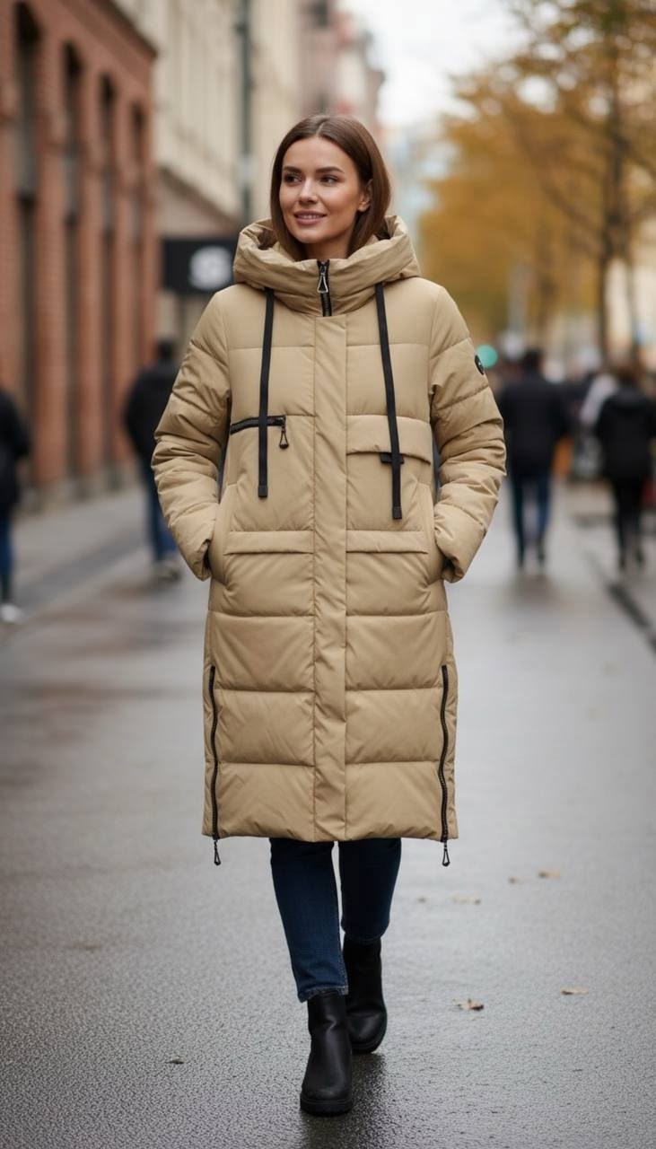 женский пуховик 7068-s92 бежевый,женские пуховики,бежевый пуховик,пуховик зимний длинный с капюшоном оверсайз ksulor brand,женская зимняя куртка
