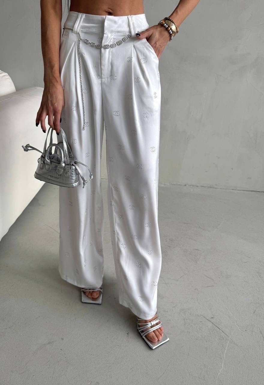 брюки женские белые,брюки белые,брюки со стразами,брюки прямые,широкие брюки