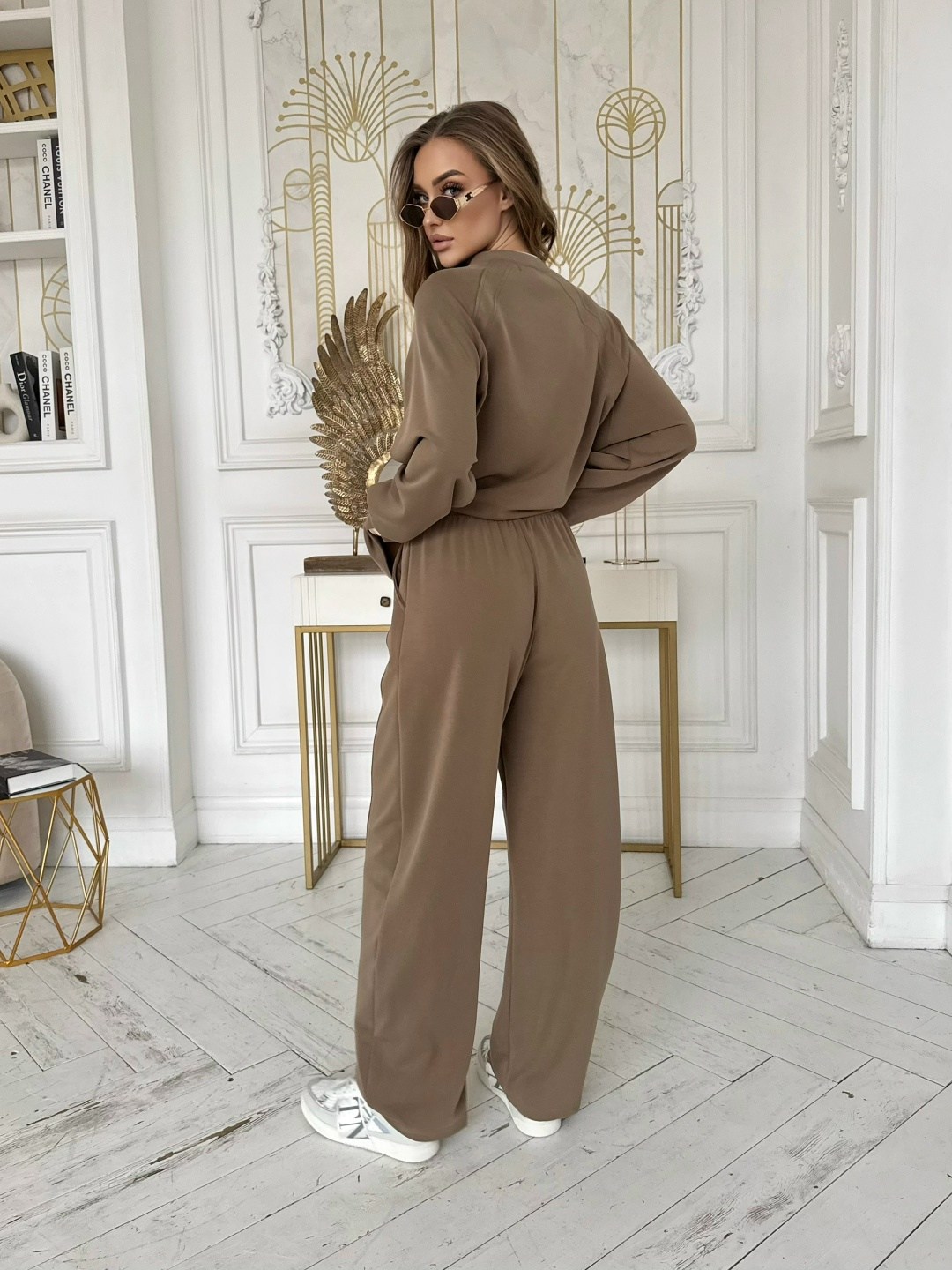 костюм женский с брюками палаццо,костюм брючный,костюм бежевый,трикотажные костюмы,светло-коричневый костюм женский с брюками палаццо