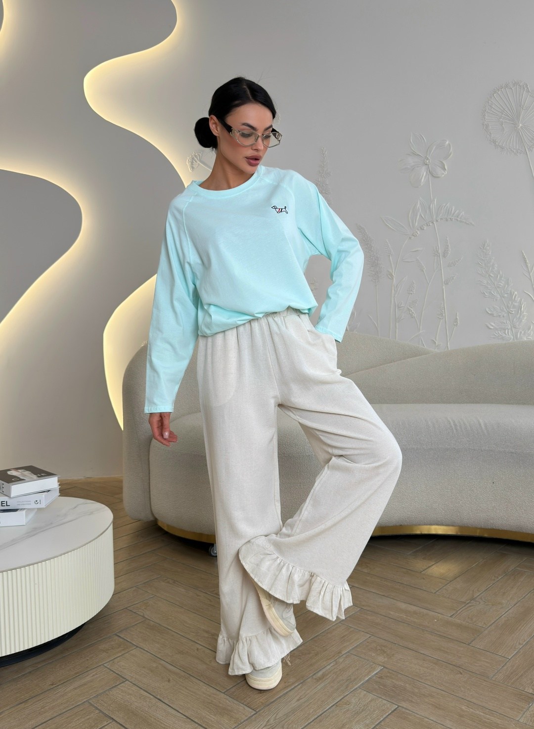 брюки палаццо,широкие брюки,женская кофта,джемпер бирюзовый,спортивные брюки