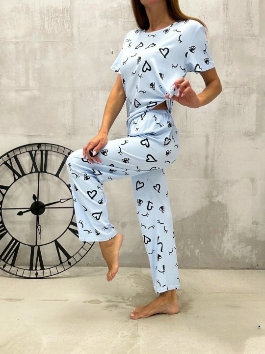 пижама комплект,женская пижама,пижама женская с брюками m,l,xl,xxl,с сердечками,пижама голубая,пижама со штанами
