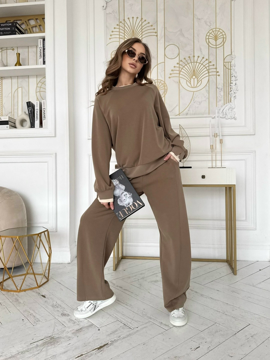 костюм женский с брюками палаццо,костюм брючный,костюм бежевый,трикотажные костюмы,светло-коричневый костюм женский с брюками палаццо